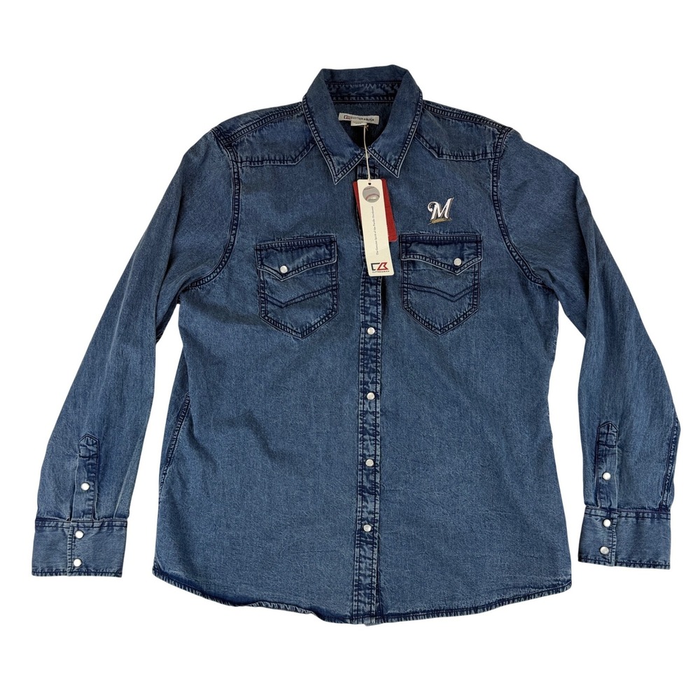 Cutter & Buck Denim Button Down Men's XXL Blue Milwaukee Brewers MLB Pearl Snap